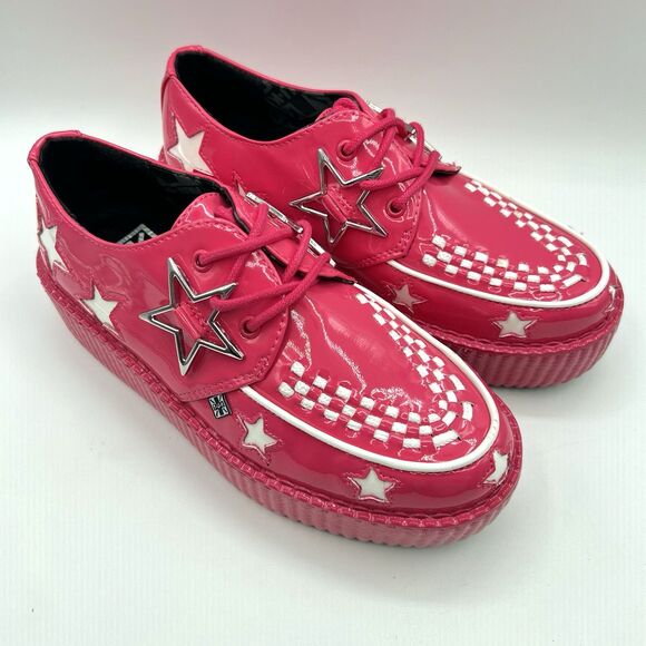 T.U.K. Pink & White Star Viva Mondo Creeper Bold Iconic Platform Vegan Sz 7 - Picture 4 of 13